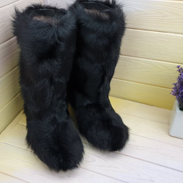 Black genuine goat fur snow boots, after ski furry boots, mukluks