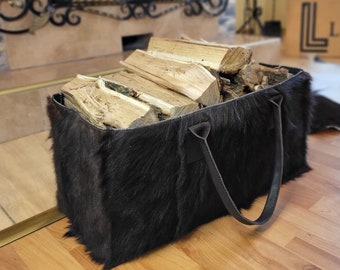 Brown Firewood carrier Real fur shopper Fireplace decor Large handled carrying bag Toys storage bag