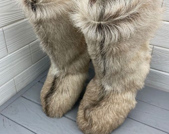 Genuine high fur winter boots,mukluks, snow furry yeti boots, light brown/white colour fur boots