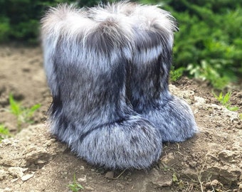 Gray silver fox fur boots Exclusive winter boots for women
