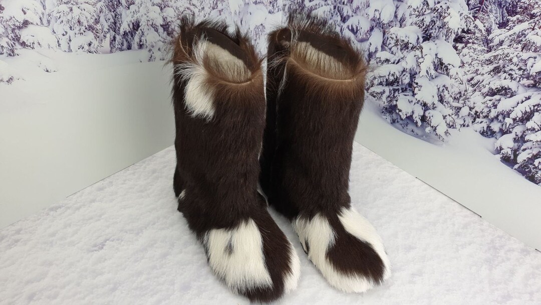 Knee Brown white goat fur women winter boots Yeti boots Long Handmade by  LITVIN