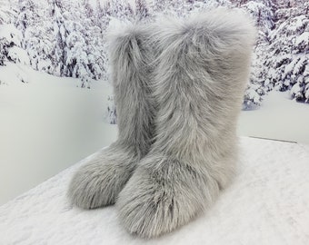 Dyed Gray or green super fluffy goat fur women boots Snow boots Apres ski