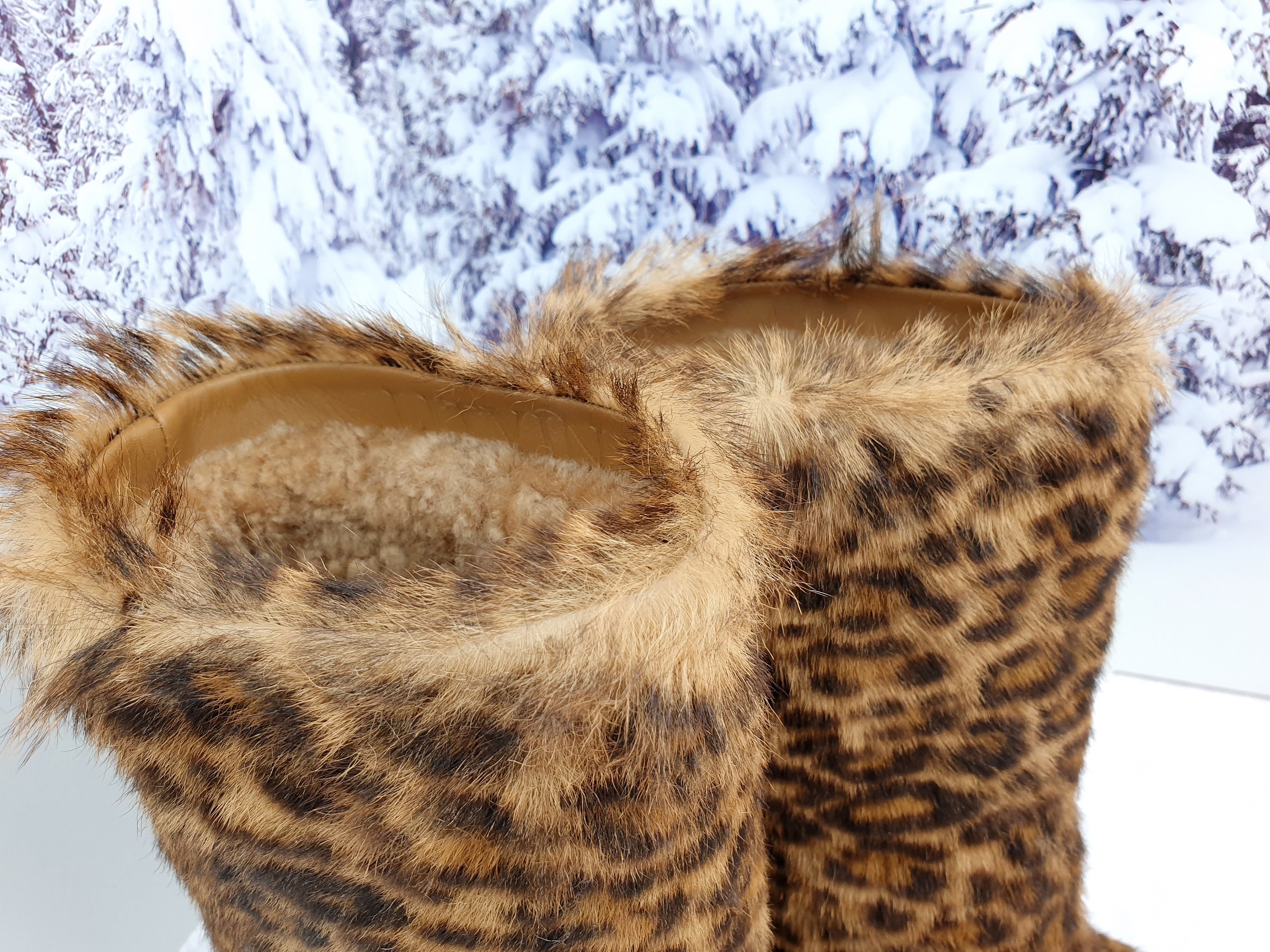 00s in the attic fur boots レオパード ファー ブーツ Leopard Print Winter Fur Boots for Women, Genuine Fur Boots