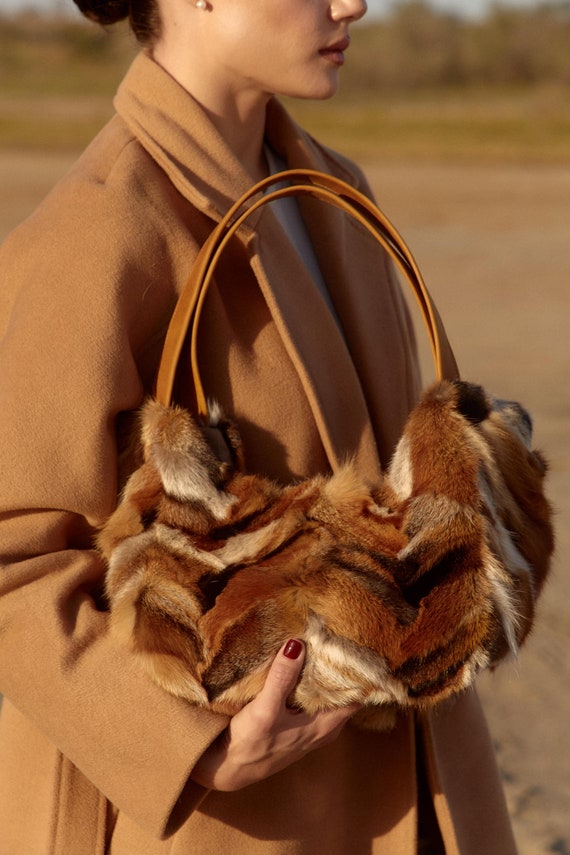 Real red fox fur bag Women genuine fur purse Handbag