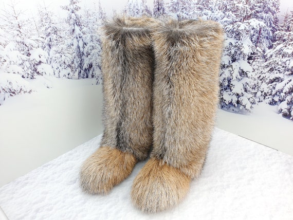 Light Brown Knee Goat Fur Women Furry Winter Boots Yeti Boots Long
