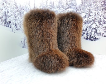 38 EU 7-7.5 US Luxury Toned fox fur winter boots Exclusive real fur mukluks for women