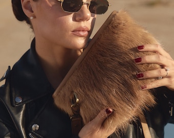 Real long fur bag Crossbody bag Genuine leather purse