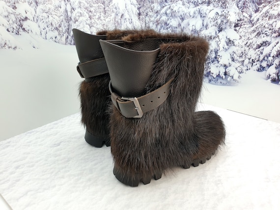 Women's Genuine Leather Brown & White Mukluk Winter Boots