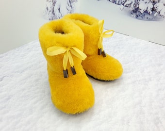 Girl's yellow sheep fur winter toddler boots, snow boots, kids mukluks, children yeti