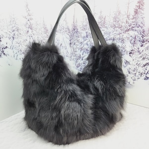 Echte schwarze Fuchs Pelz Einkaufstasche Patchwork Riesige Tasche Oversized große Tasche