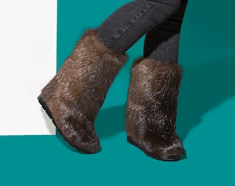 Brown fur boots for women, mukluk boots, yeti boots, furry snow boots, brown nutria fur boots, long fur boots, winter boots LITVIN