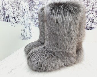 Luxury Gray blue arctic fox fur boots Real Ice fox winter boots for women