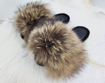 Raccoon women leather slippers, house real fur slippers, open toe slippers, home shoes