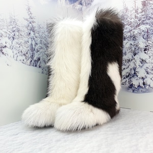 Knee Brown white goat fur women winter boots Yeti boots Long fur snow boots