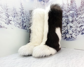 Knee Brown white goat fur women winter boots Yeti boots Long fur snow boots