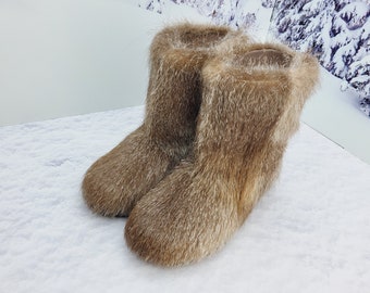 Women's taupe color fur boots, mukluks, waterproof ankle winter boots