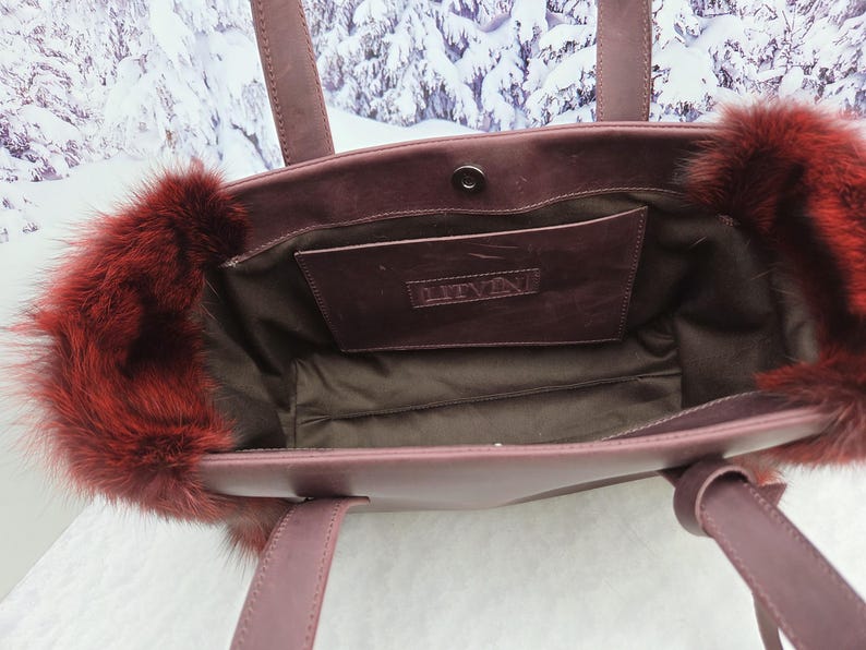 Women leather tote bag Red fox fur bag Furry bag image 19