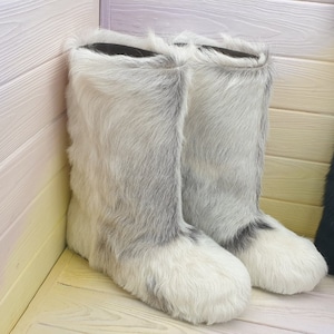 Genuine high fur winter boots,mukluks, snow furry yeti boots, light brown/white colour fur boots image 6