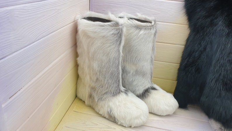 Genuine high fur winter boots,mukluks, snow furry yeti boots, light brown/white colour fur boots image 6