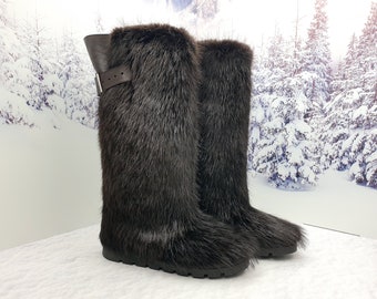 Knee beaver fur boots for women Tall real fur winter boots Snow boots