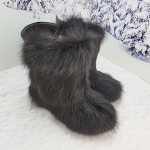 Real Black Fox fur ankle boots Women winter fur boots Snow boots