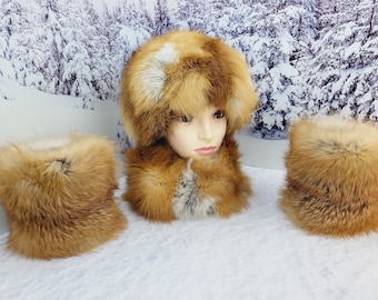 Women Red fox winter hat  Real fur Wrist warmers Neck warmer snood