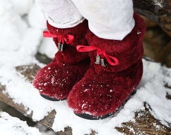 Girl's claret sheepskin fur toddler winter boots, girls snow boots, kids mukluks, yeti boots for kids, children winter shoe