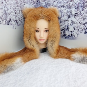 Real red fox fur hood Unisex winter hat Trapper hat