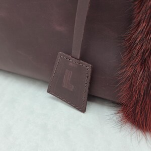 Women leather tote bag Red fox fur bag Furry bag image 18