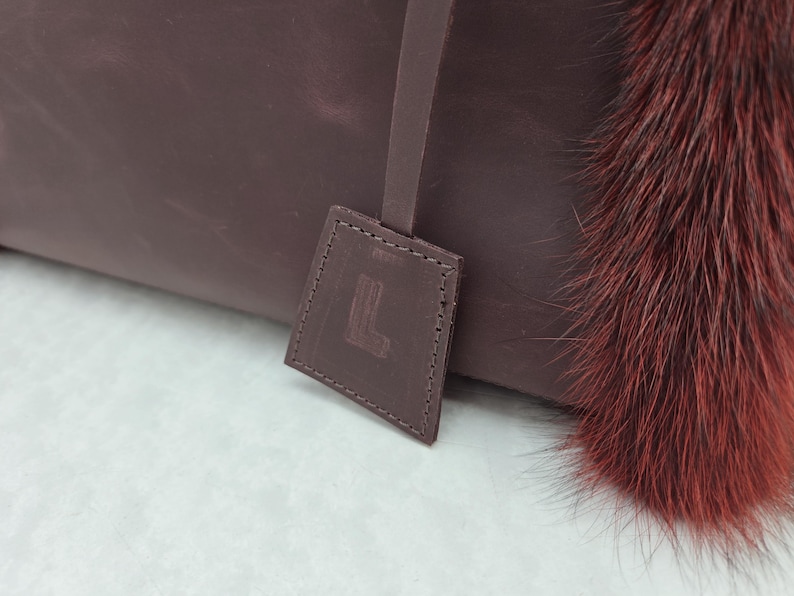 Women leather tote bag Red fox fur bag Furry bag image 18