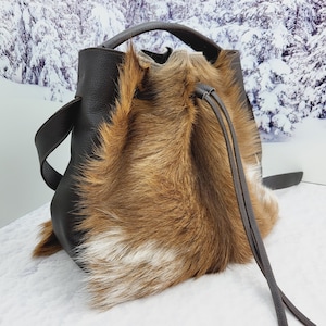 Women leather tote bag Real Goat fur bag Genuine leather purse