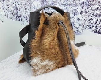 Women leather tote bag Real Goat fur bag Genuine leather purse