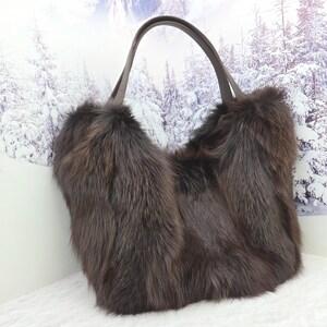 Real red fox fur shopping bag Women genuine fur purse Chocolate brown