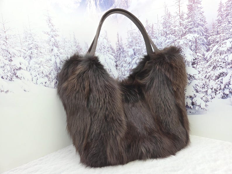 Real red fox fur shopping bag Women genuine fur purse Chocolate brown