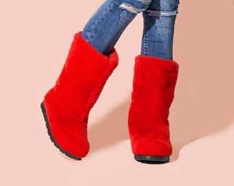 Red sheep wool winter fur women boots Eskimo boots Mukluks Cozy double-sided fur boots