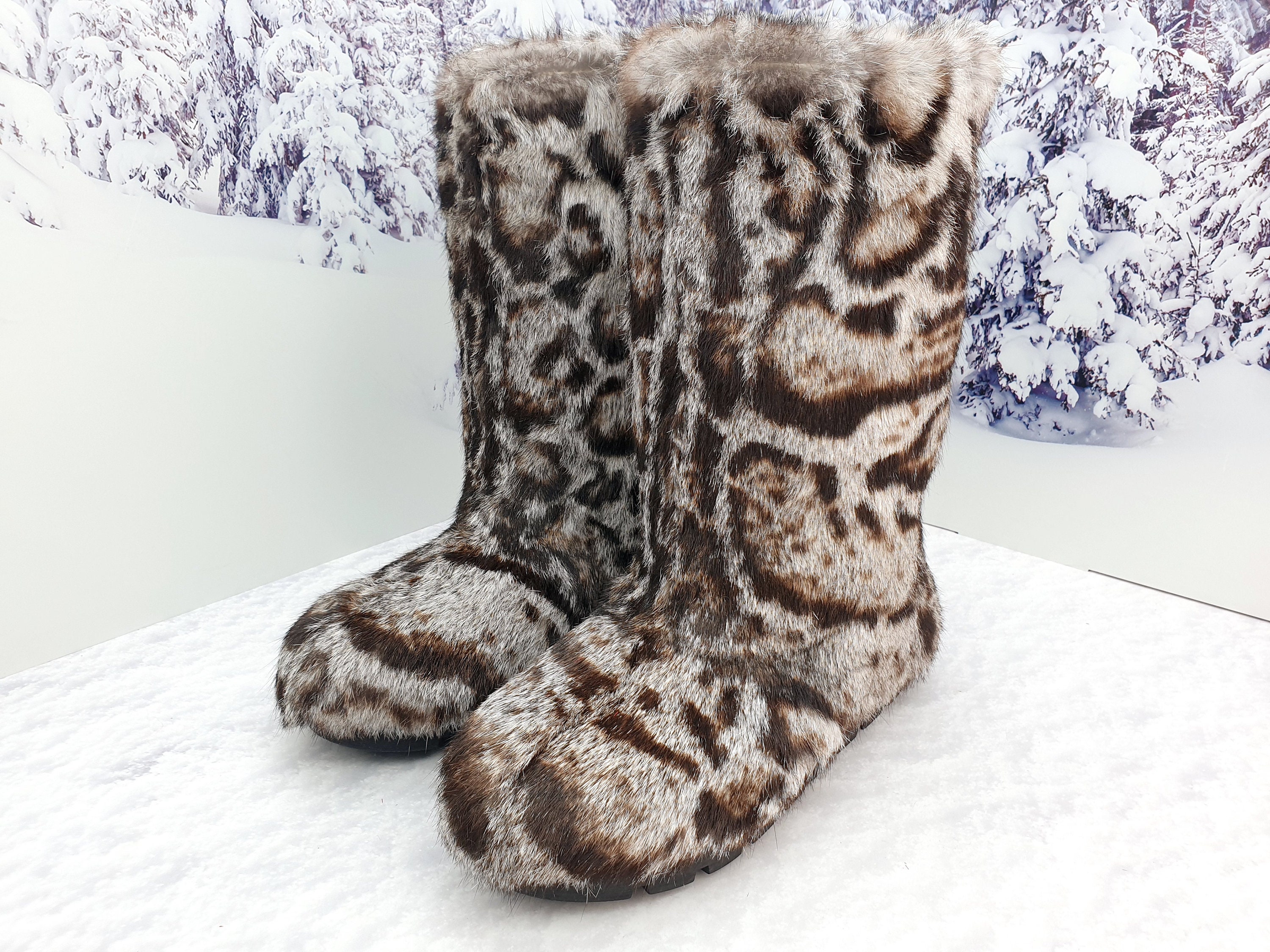 Animal Print Winter Fur Boots for Women Genuine Rabbit Fur Snow