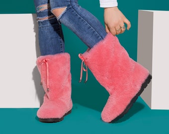 Pink sheepskin snow boots Double sided fur warm winter boots