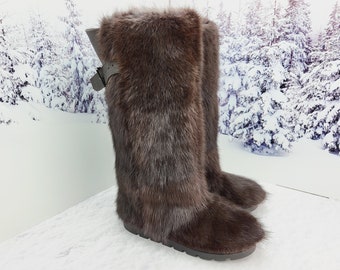 Tall waterproof winter real fur boots for women Musk beaver snow boots