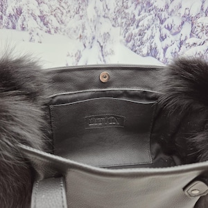 Women leather tote bag Red fox fur bag Furry bag image 16