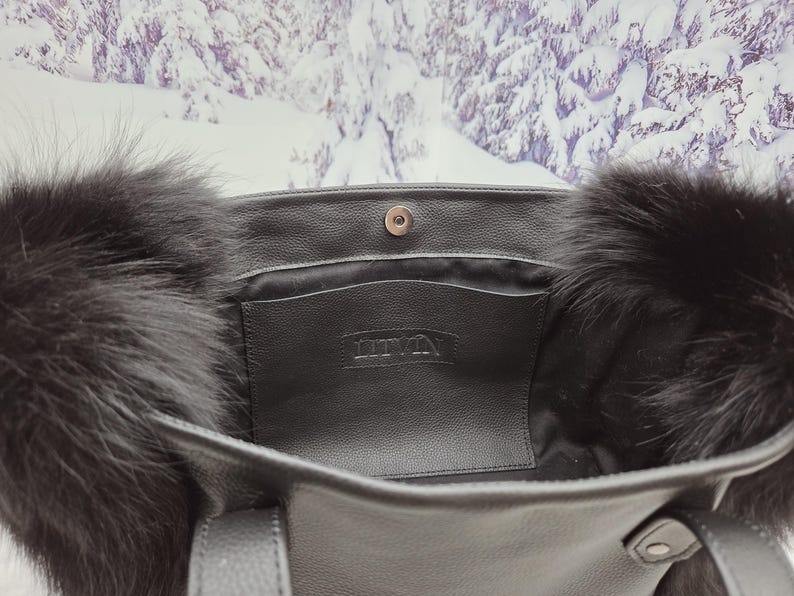 Women leather tote bag Red fox fur bag Furry bag image 16