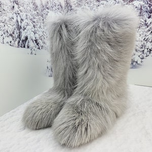 Black goat fur yeti boots for women Furry Eskimo boots Mukluks Gray