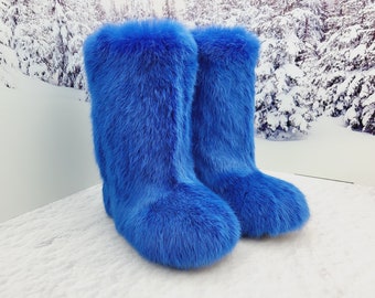 Blue furry warm winter boots for women Cozy soft real fur boots