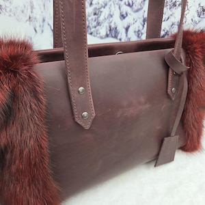 Women leather tote bag Red fox fur bag Furry bag image 20