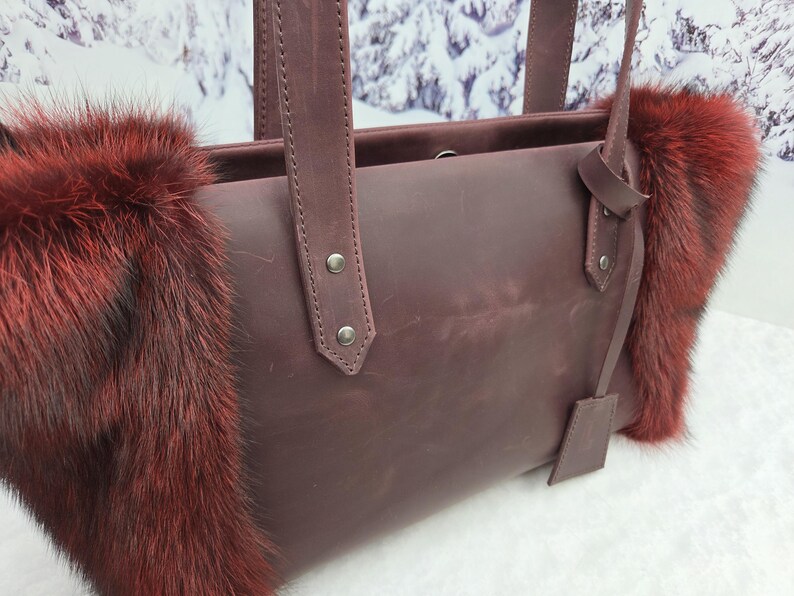 Women leather tote bag Red fox fur bag Furry bag image 20