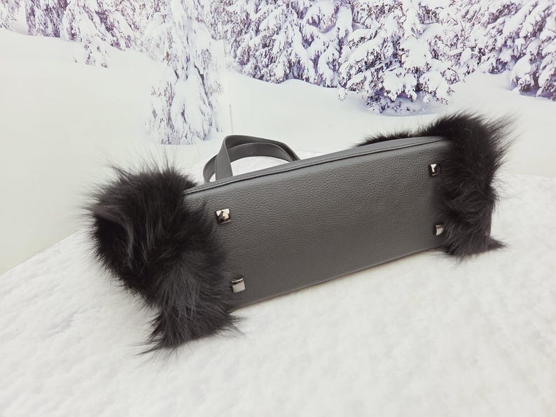 Women leather tote bag Red fox fur bag Furry bag image 15