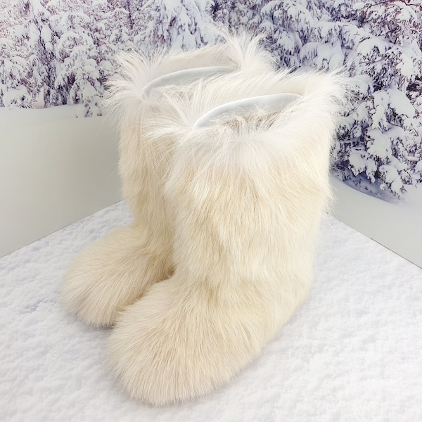 Mukluks de pelo de cabra blanco cremoso para mujer Botas largas de invierno de pelo Botas altas de pelo