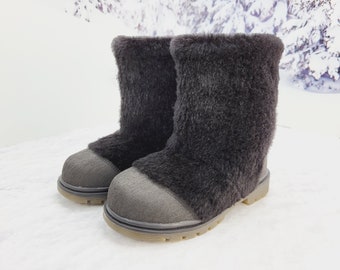 Black kid's winter boots, 28 EU nutria fur toddler boots, children winter shoe