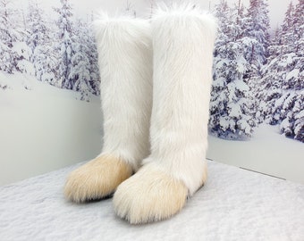 White creamy knee goat fur women furry winter boots  Long fur mukluks