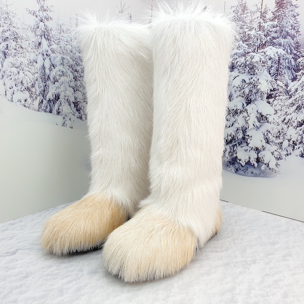 Botas de invierno peludas para mujer, mukluks de piel larga, color blanco cremoso, hasta la rodilla, piel de cabra