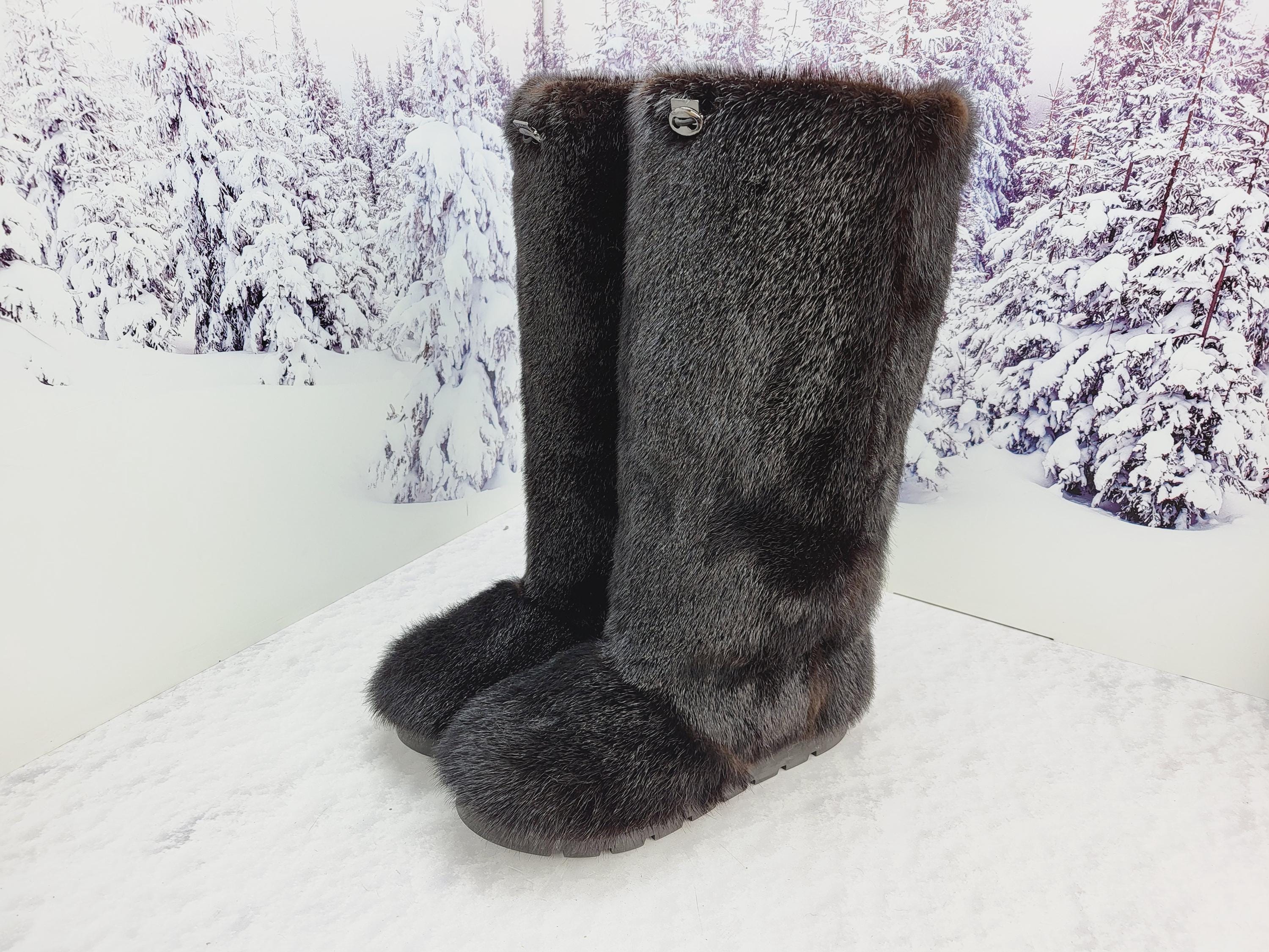 Waterproof real otter fur women brown winter boots Tall snow boots
